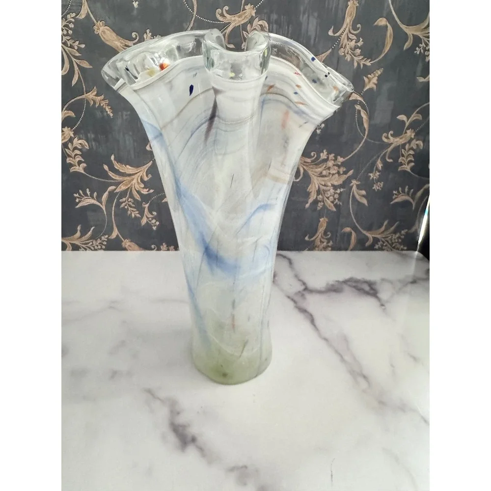 Hand Blown Art Glass Handkerchief Vase White Blue Swirl Confetti Ruffled 10.5